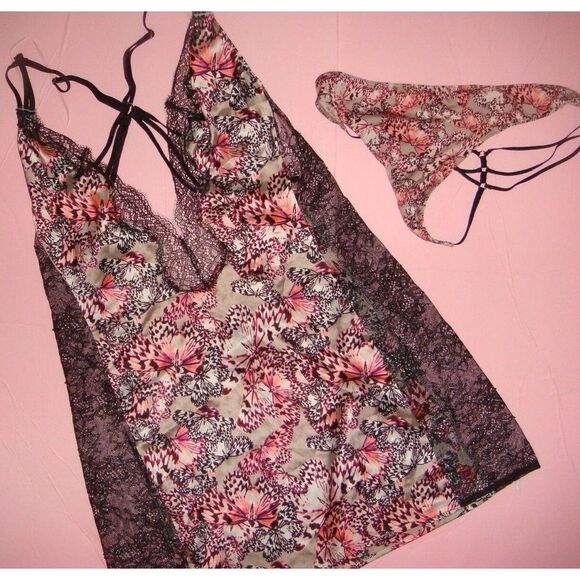 Victoria's Secret M GOWN SLIP nightie+thong PINK BLACK lace TAUPE gray butterfly
